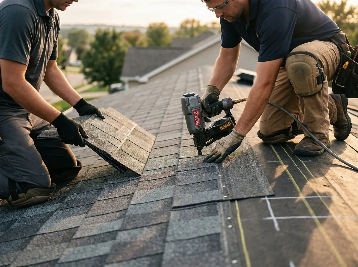 Professional roofer working on a residential roof in Bernalillo